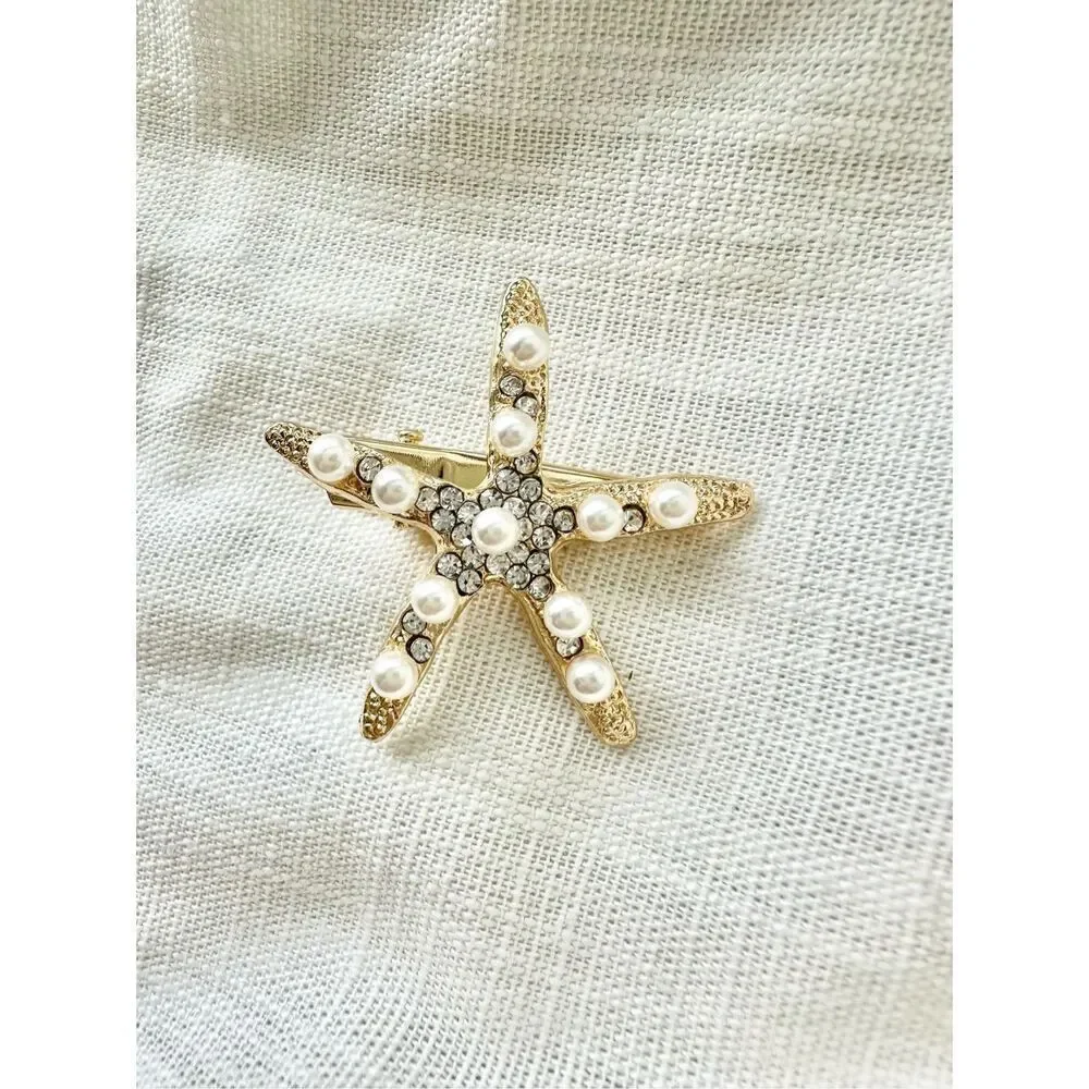 Faux pearl and rhinestone gold starfish hair clip